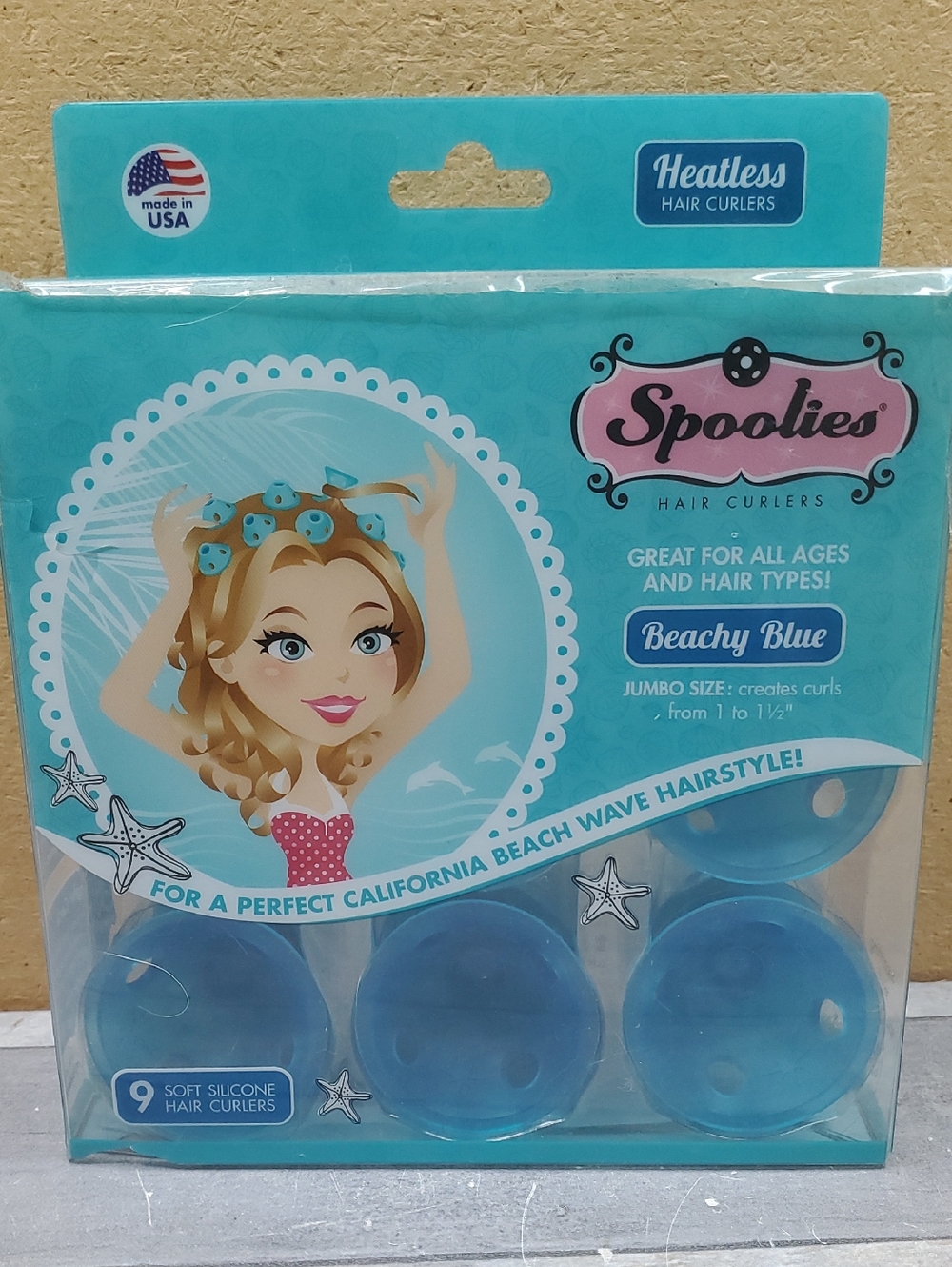 Spoolies Vintage Beachy Blue Silicone Hair Curlers Jumbo Size 1" & Size 9 Count
